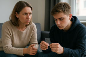 תמונה של הורים מודאגים מדברים עם עורך דין על מצב משפטי של ילדם הקשור לסמים