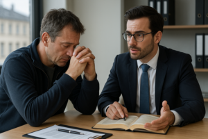 עורכת דין פלילית מייעצת ללקוח במשרד מודרני.